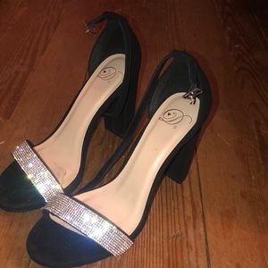 Black Block Heels w/ Silver Rhinestones